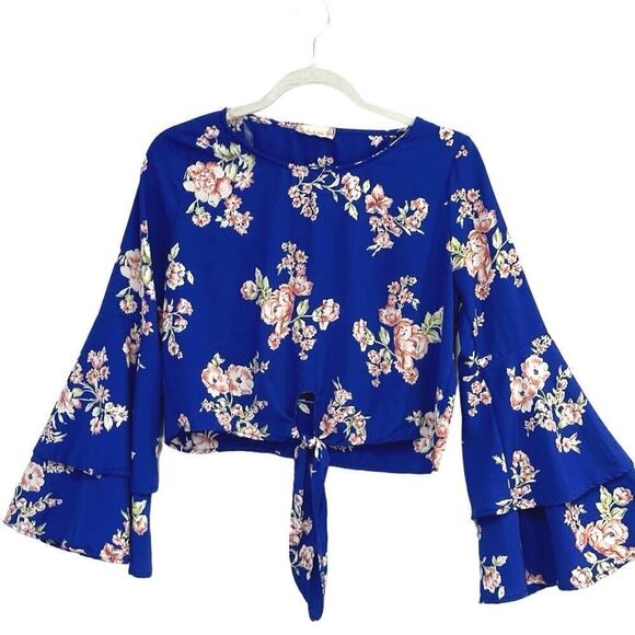 Altar'd State Mackenzie Blue Floral Tied Crop Top w Layered Bell Sleeves - EUC - Picture 3 of 7
